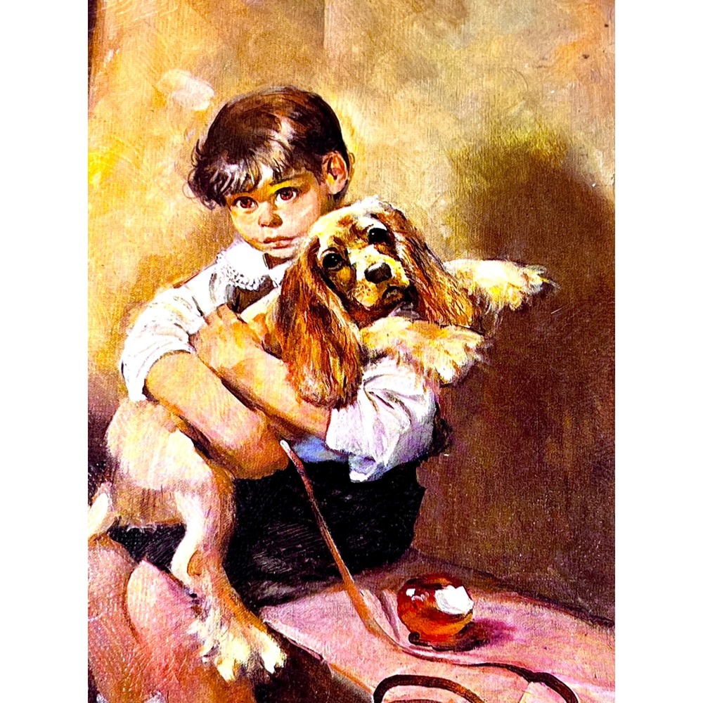 Vintage Winde Tomaso Anxious Moment Boy and Dog Framed Textured Print 8x10